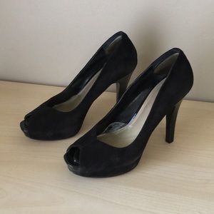 Black suede pumps with 4 inch patent leather heels